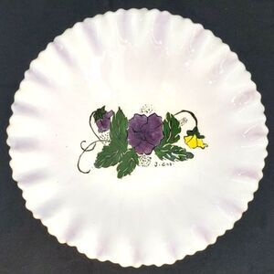 Signed Jean Good Vintage White Scalloped Edge Purple Floral Ceramic Plate